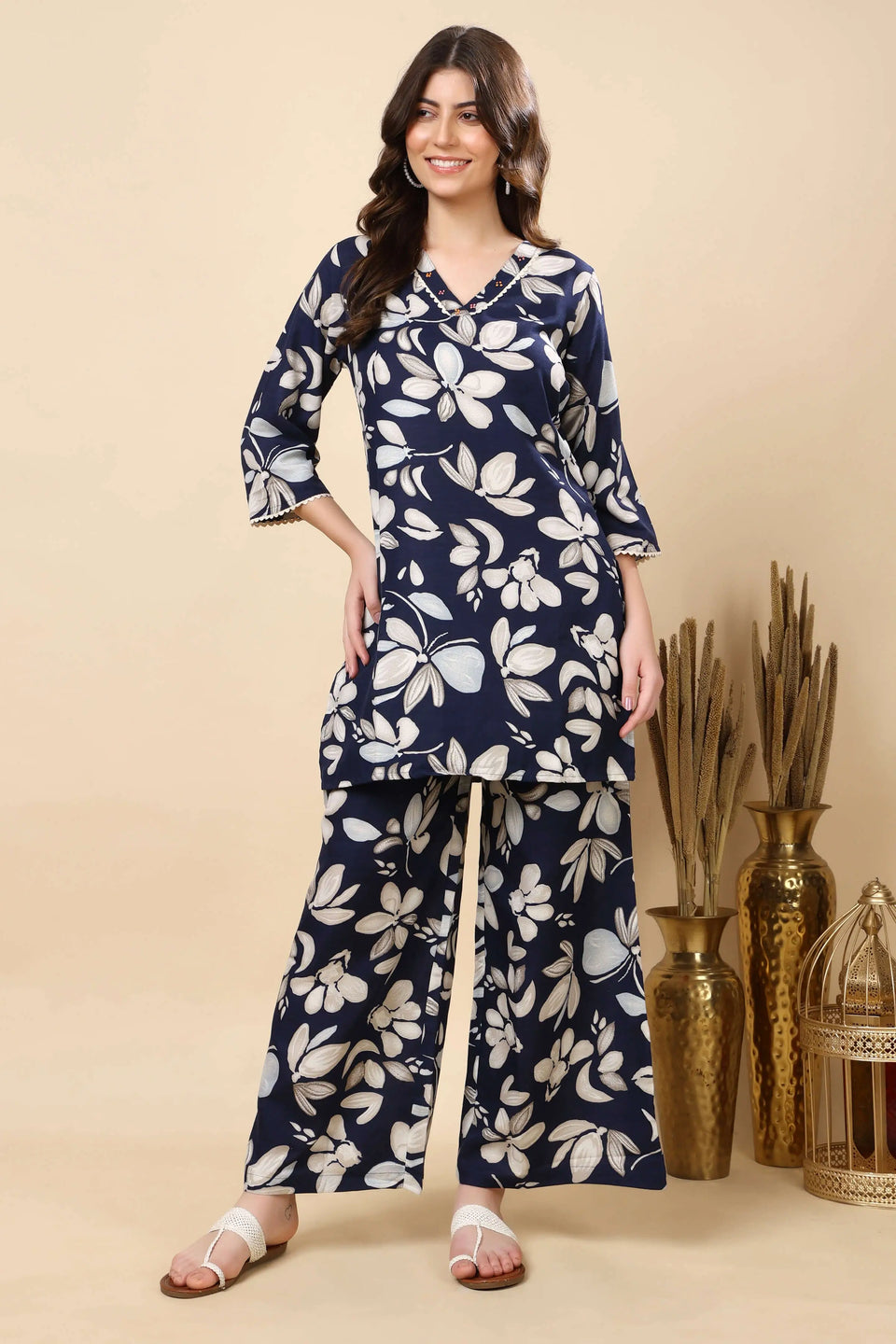 Rabric Premium Navy Blue Floral Cotton Slub Co-ord Set for Women – Front View