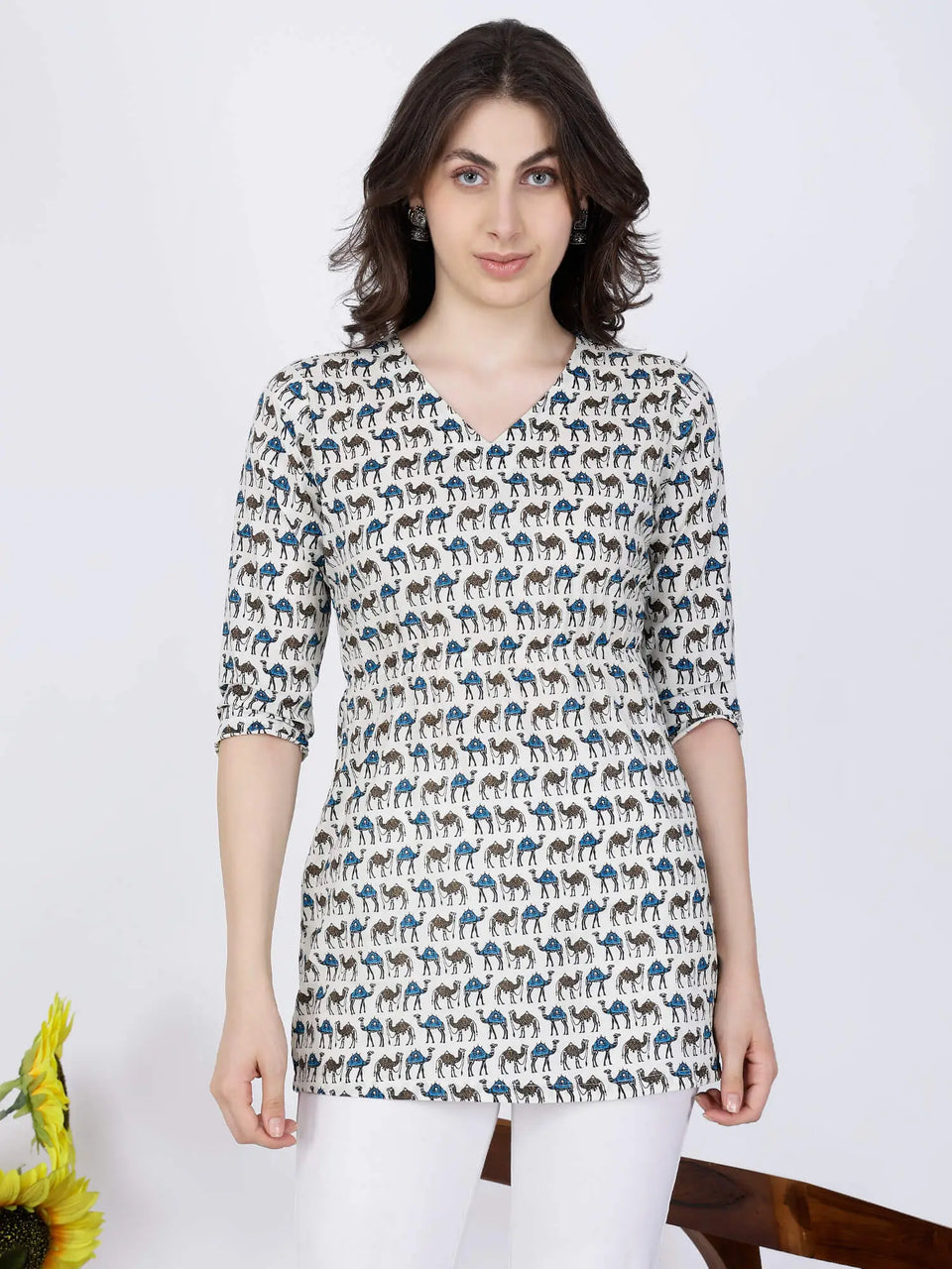 Premium Off White & Blue Printed Short Kurti Front View by Rabric