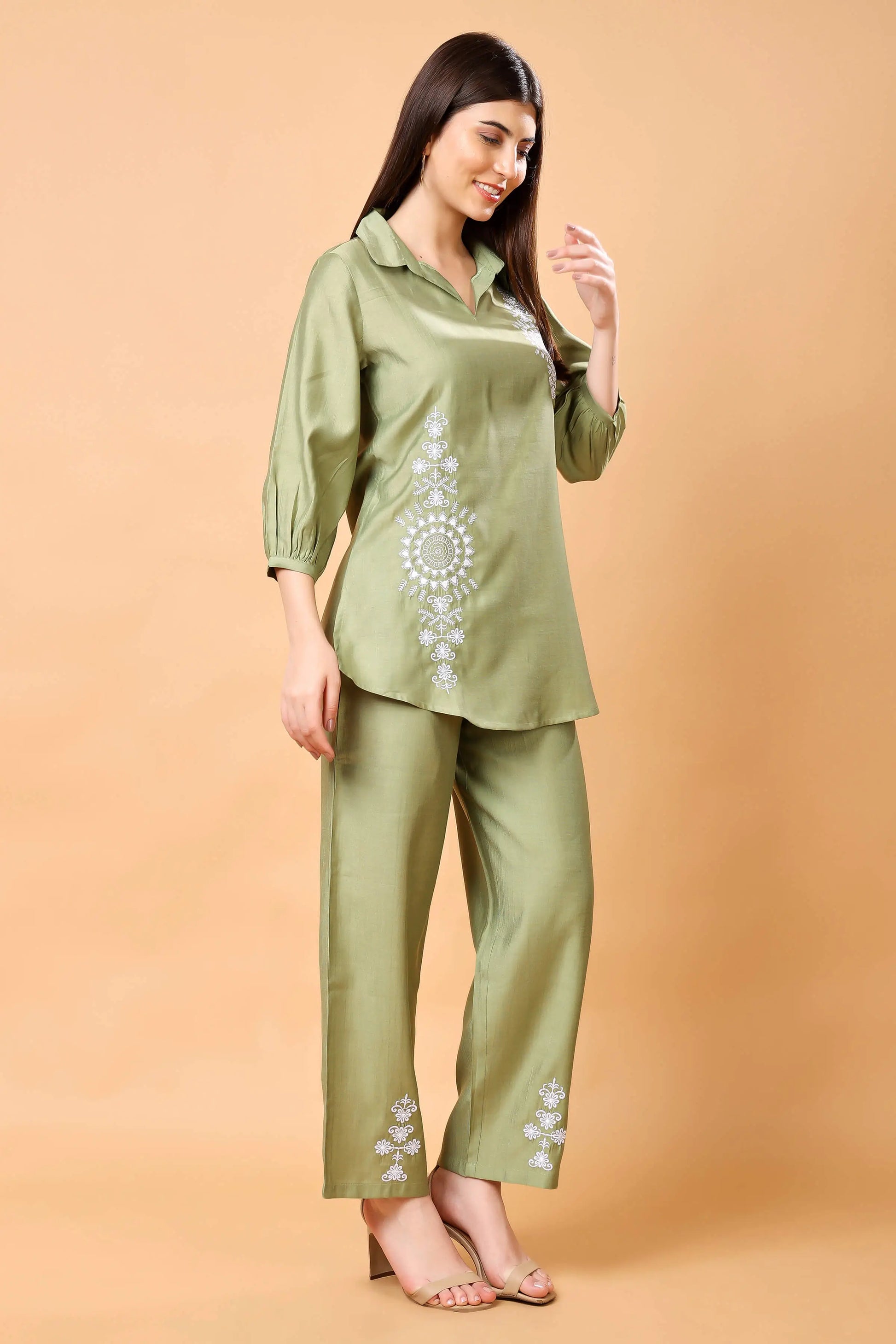 Premium Vertican Fabric Olive Green Co-ord Set Side Angle