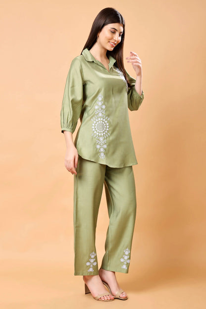 Premium Vertican Fabric Olive Green Co-ord Set Side Angle