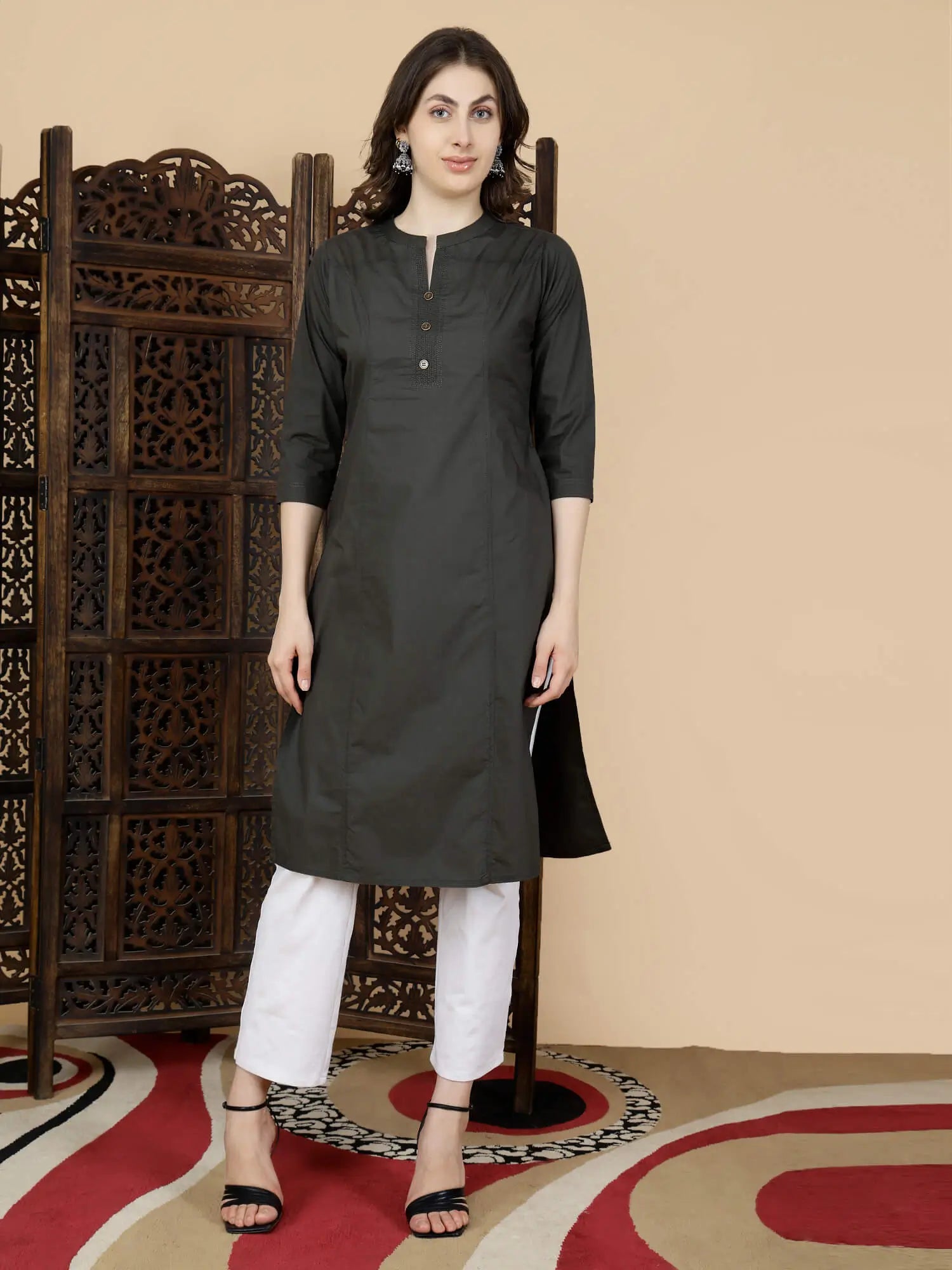 Front view of Rabric Premium Olive Green Cotton Long Kurti for Women