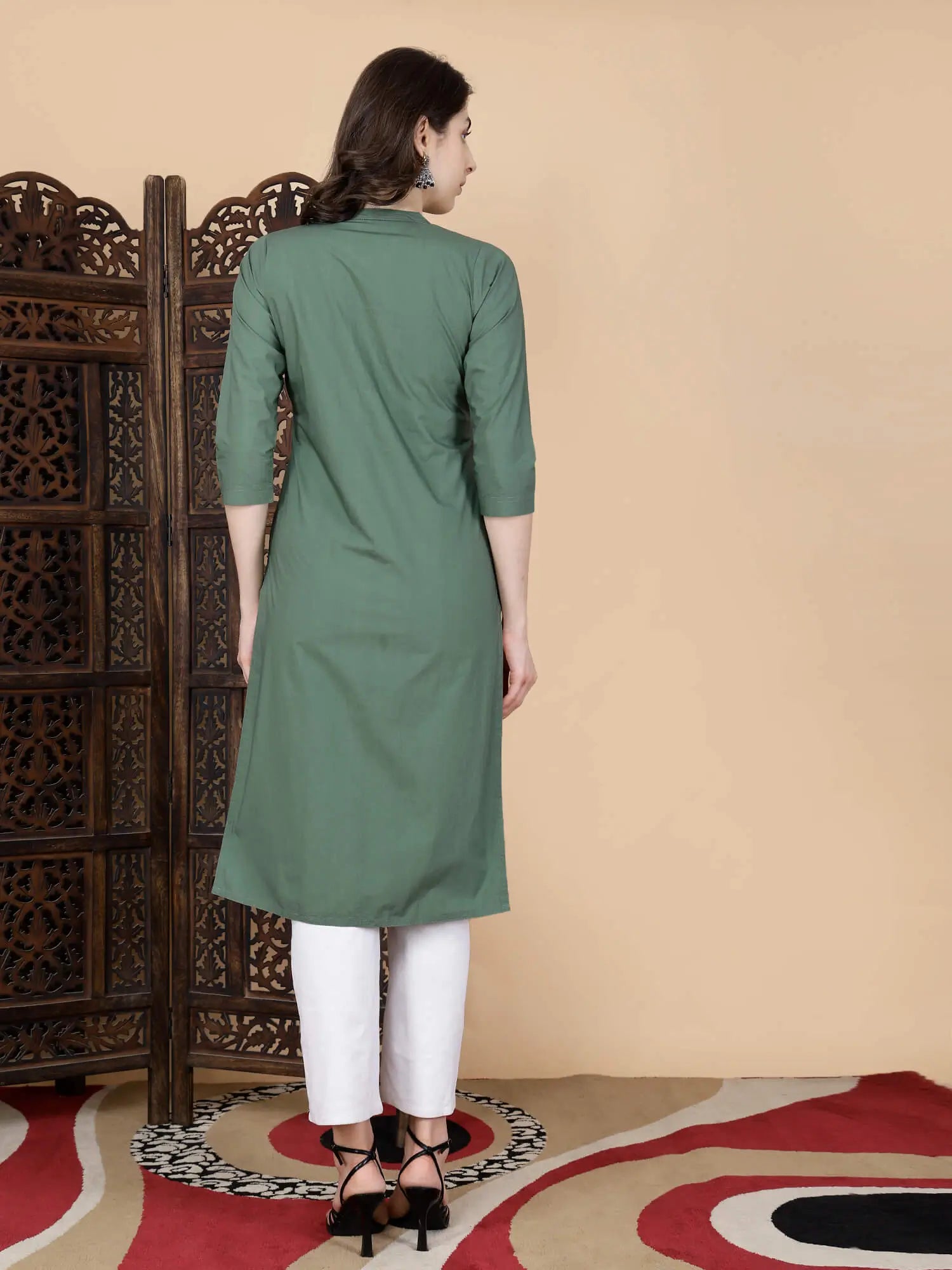 Back view of Olive Green Poplin Cotton Kurti for women by Rabric