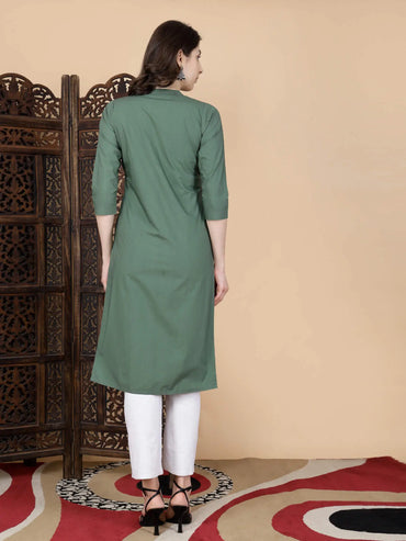 Back view of Olive Green Poplin Cotton Kurti for women by Rabric
