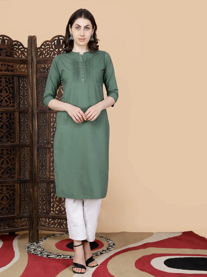 Front view of Rabric Premium Olive Green Long Kurti for women in Poplin Cotton