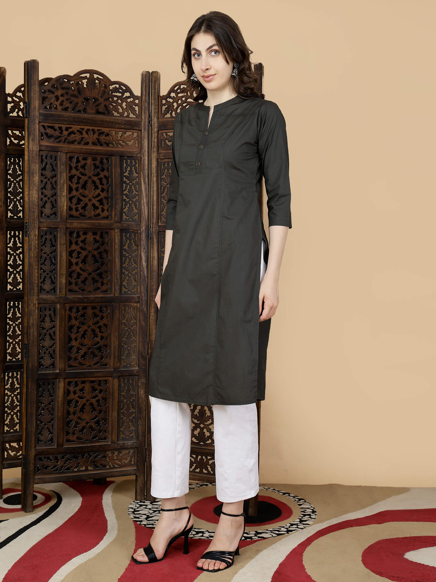 Olive Green Kurti paired with White Pants – Rabric Stores