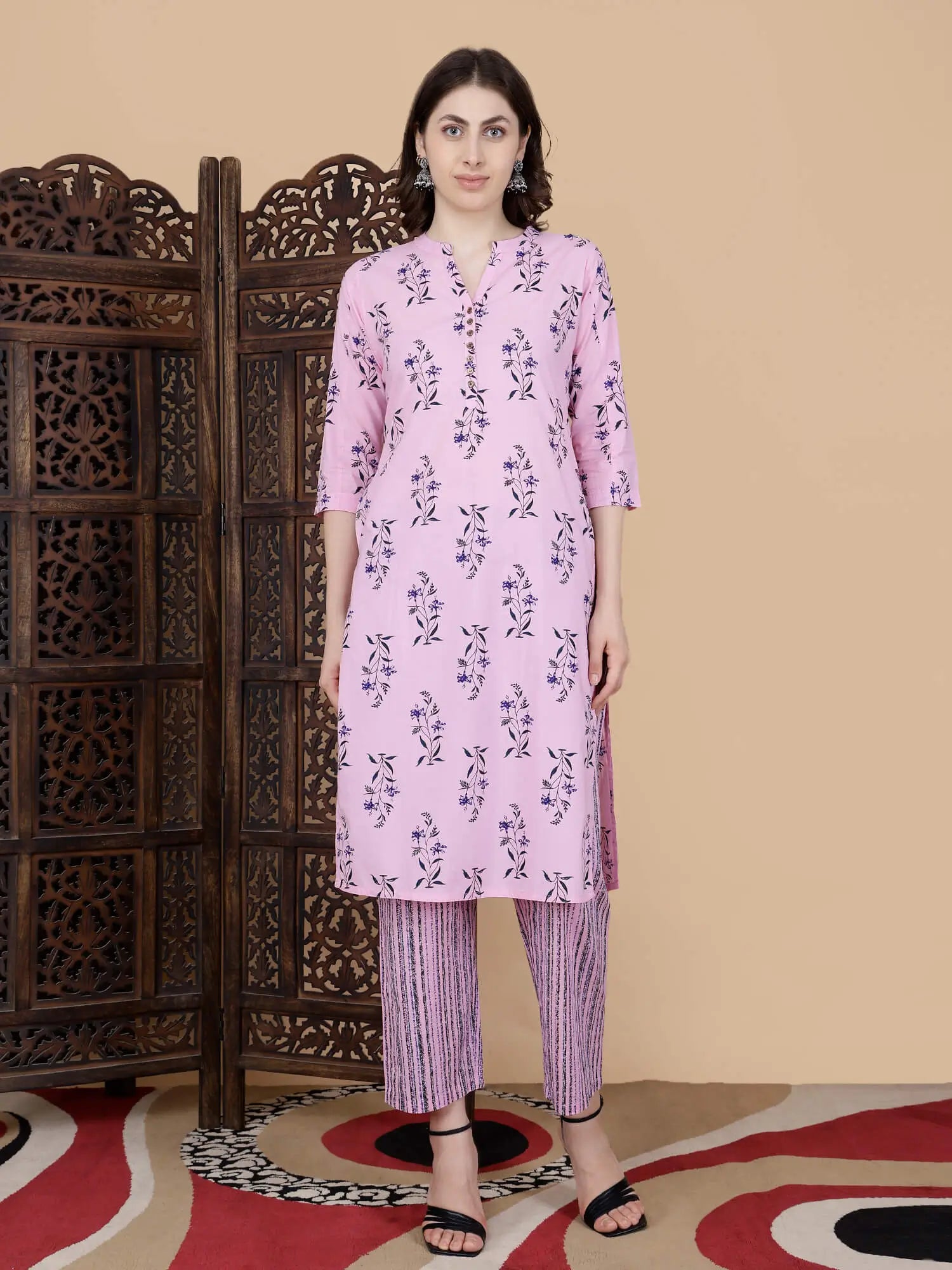 Premium pink floral printed cotton kurti set for women by Rabric