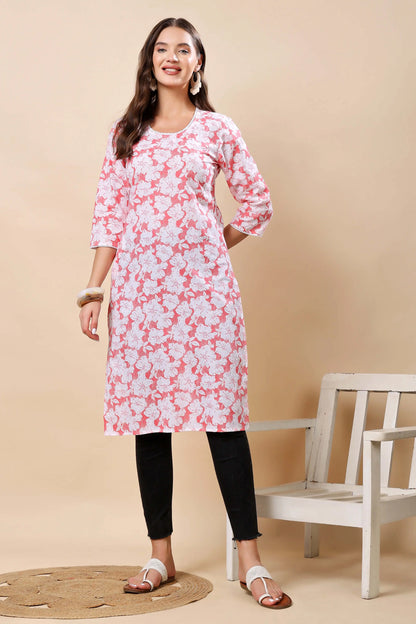 Rabric Premium Pink Floral Cotton Long Kurti for Women – Front View