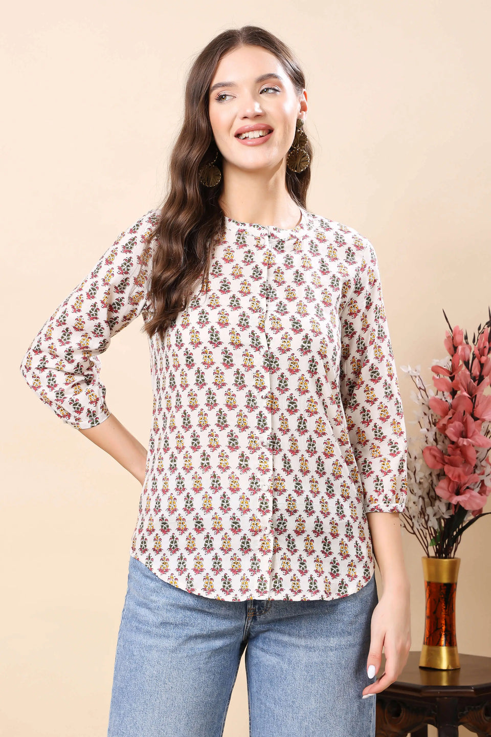 Rabric Office Wear Shirt Style Cotton Top for Women