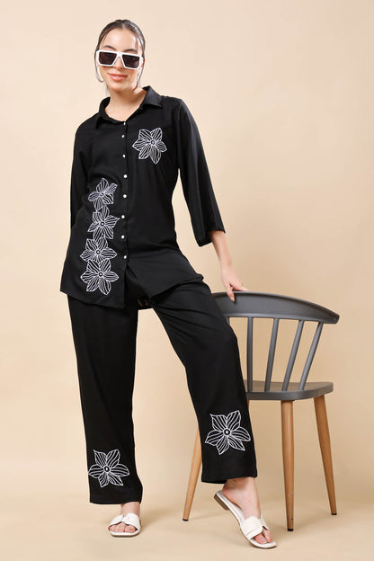 Model wearing Rabric black floral embroidered co-ord set for women