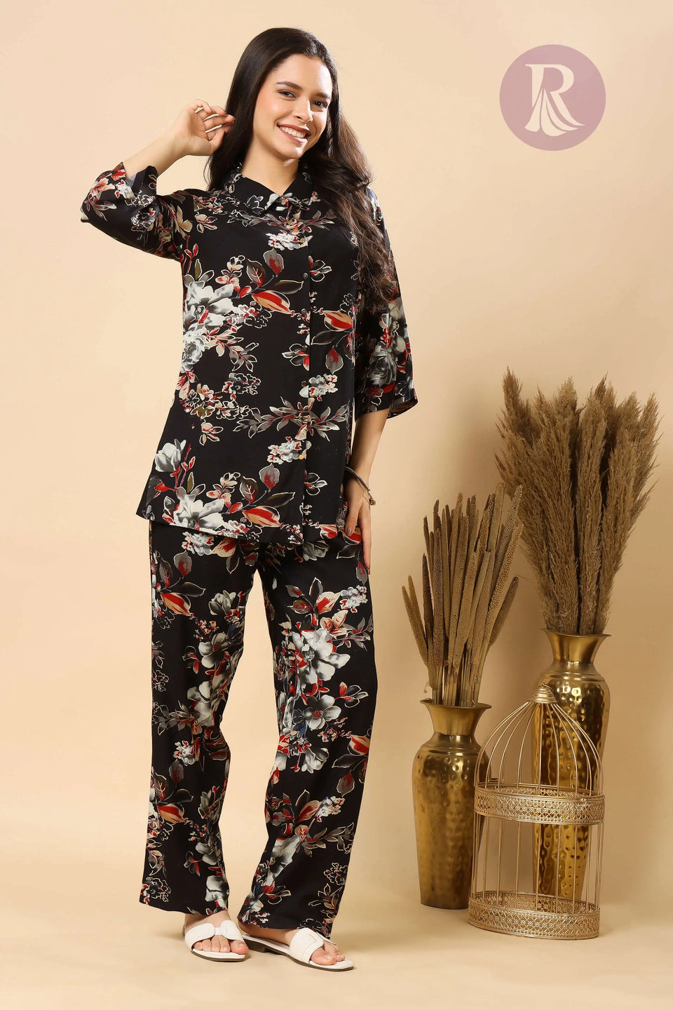Rabric Premium Rayon Floral Black Co-ord Set for Women | Stylish Collar Top & Comfortable Pants with Pocket