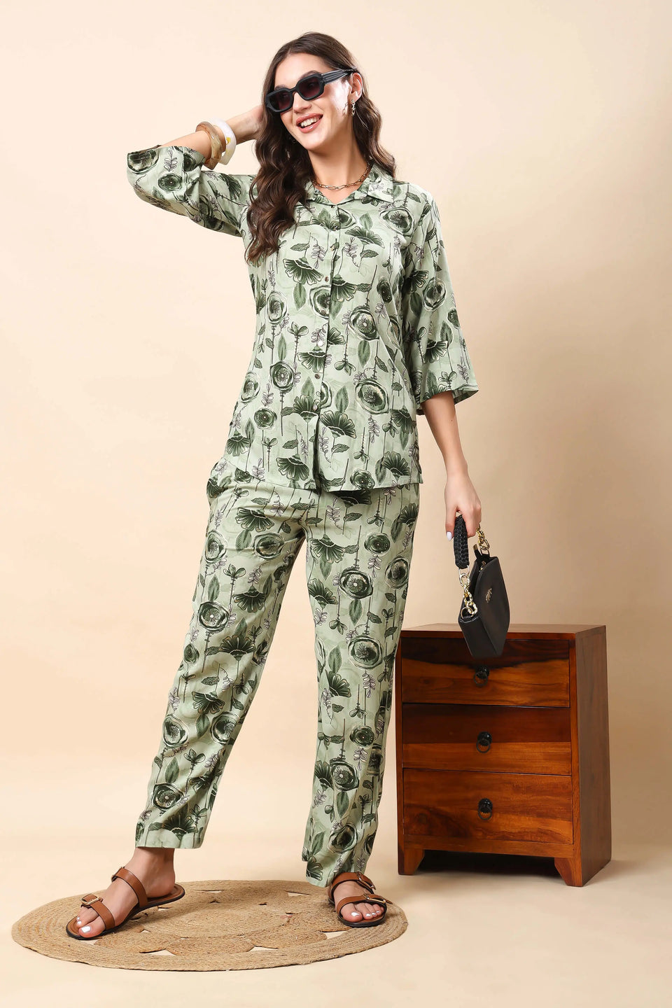 Flatlay of Rabric Premium Rayon Botanical Print Co-ord Set