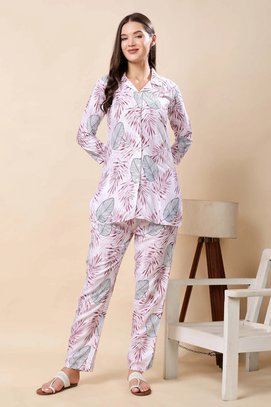 Rabric Premium Rayon Pink Leaf Printed Co-ord Set for Women – Front View