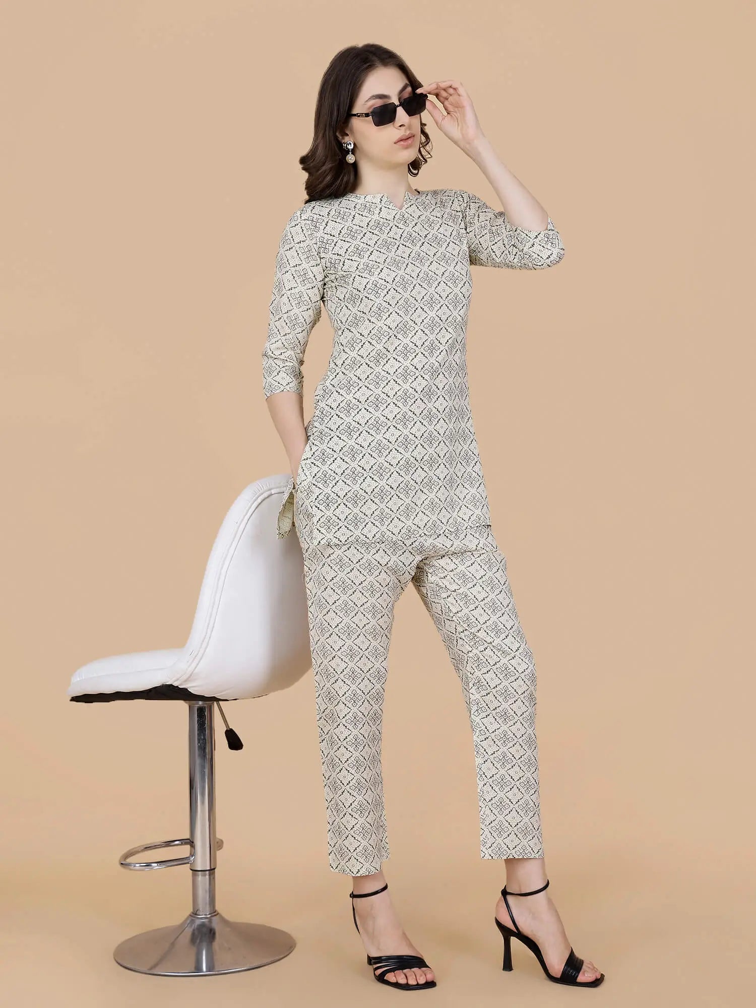 Full model look wearing Rabric Premium Off-White Printed Rayon Co-ord Set