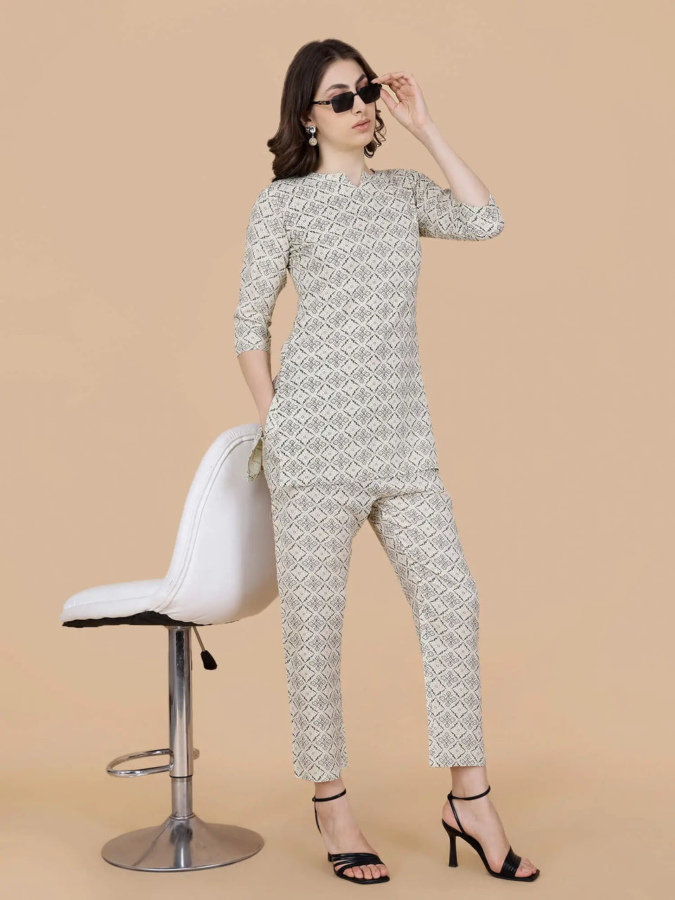 Full model look wearing Rabric Premium Off-White Printed Rayon Co-ord Set