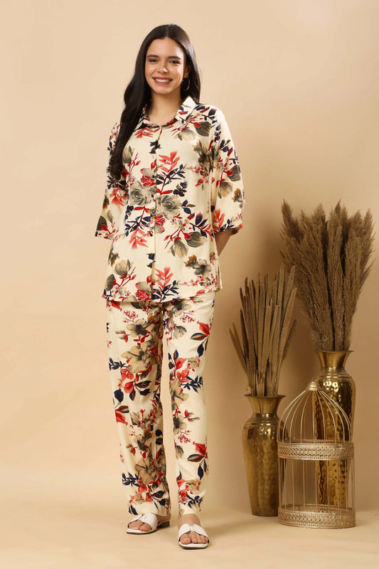Woman wearing Rabric premium rayon floral co-ord set front view