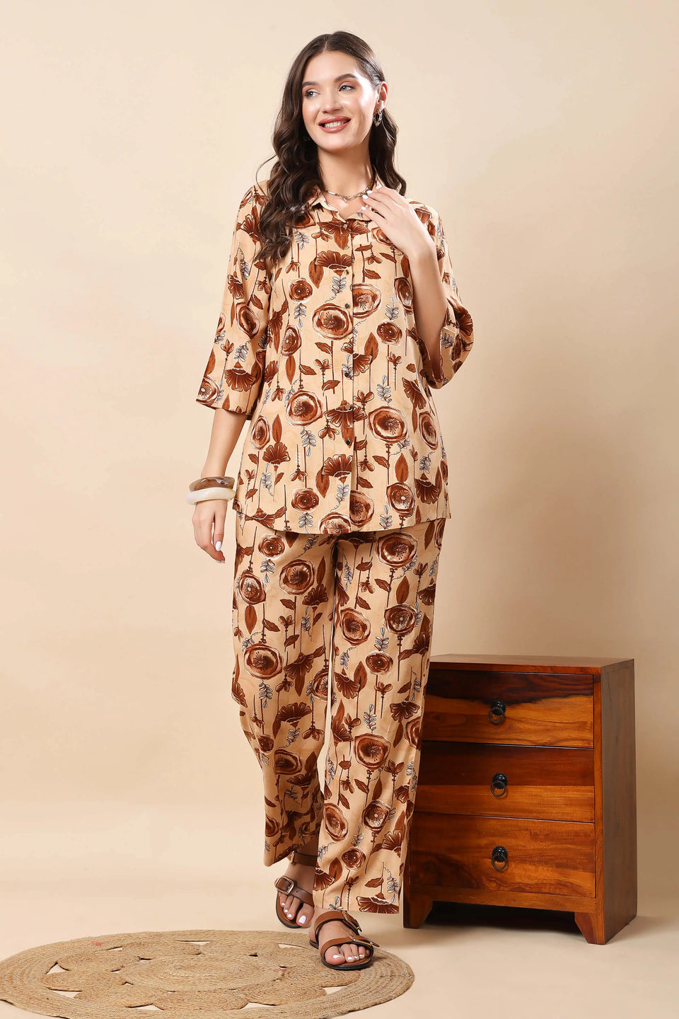 Premium Rayon Beige Floral Co-ord Set for Women – Rabric