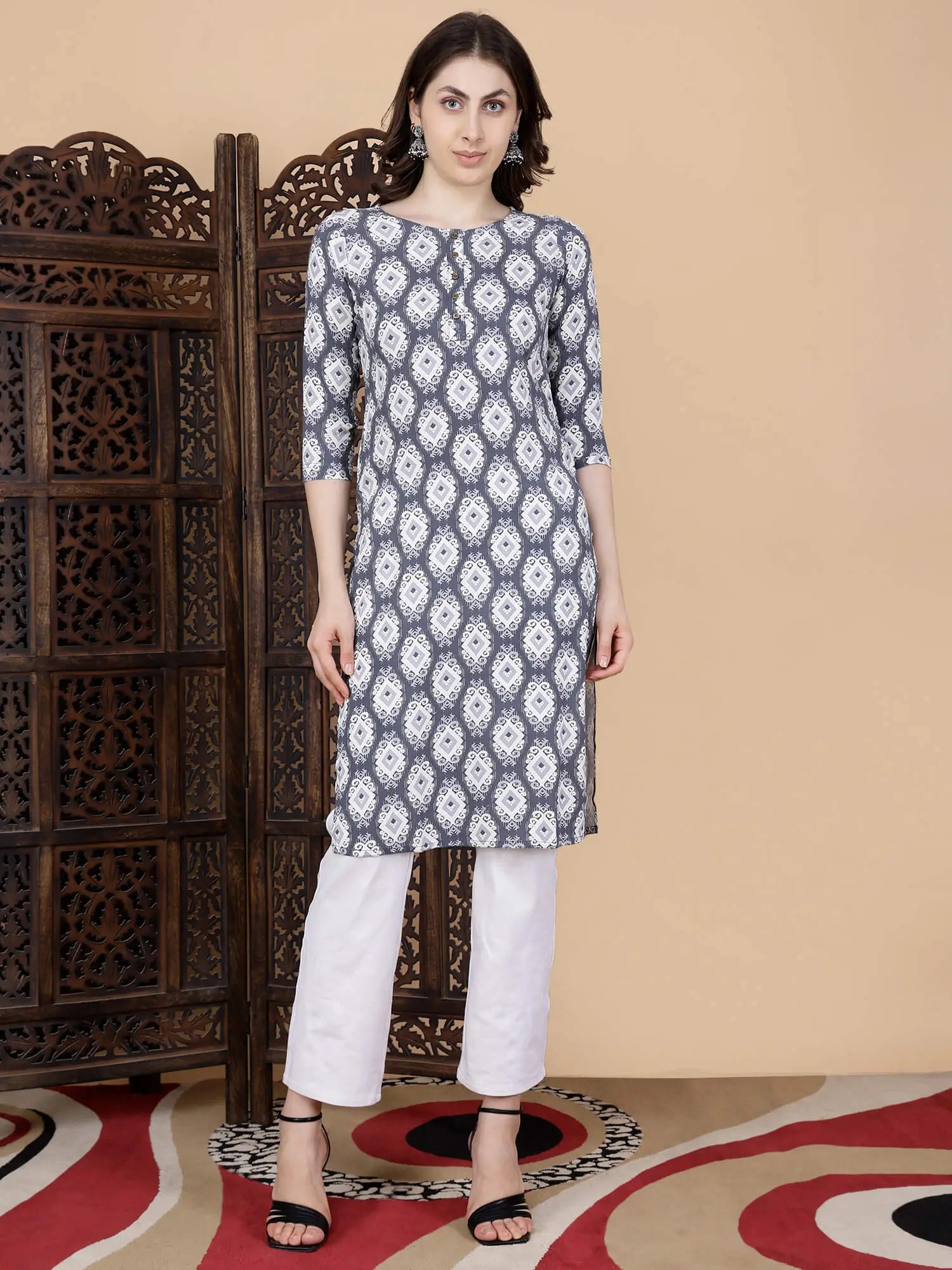 Rabric Premium Grey and White Rayon Kurti Set for Women