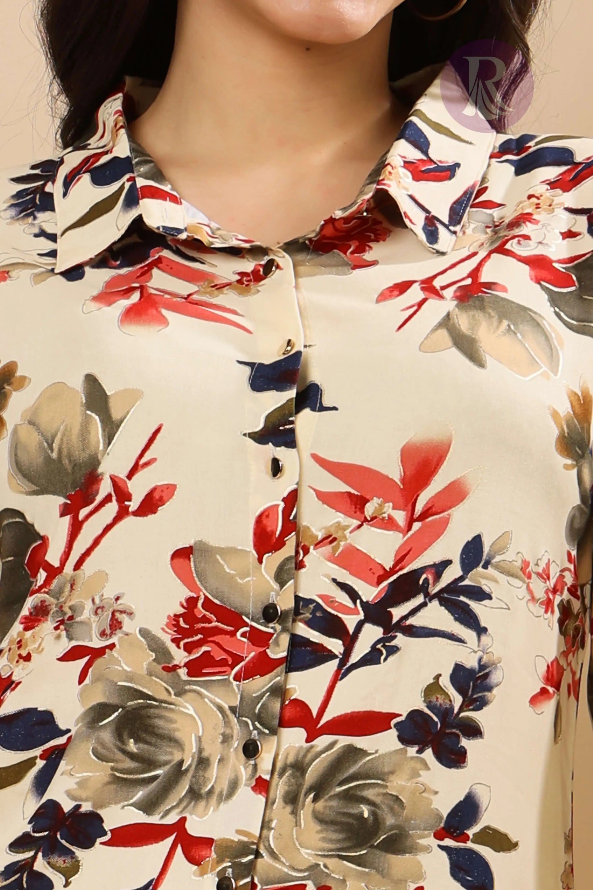 Close-up of floral print premium rayon fabric by Rabric