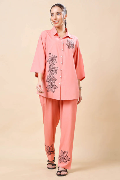 Front view of Rabric premium rayon peach floral co-ord set for women