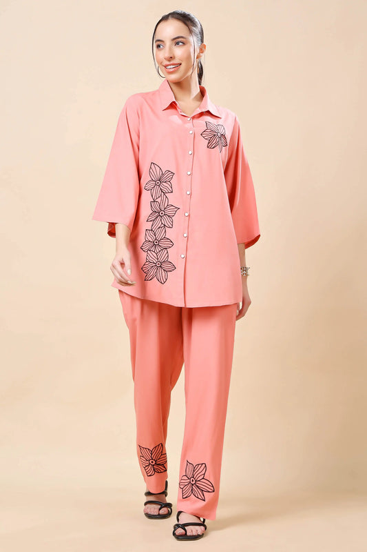 Front view of Rabric premium rayon peach floral co-ord set for women