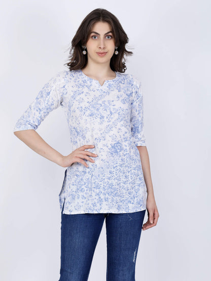 Woman wearing Rabric premium rayon floral printed short kurti top