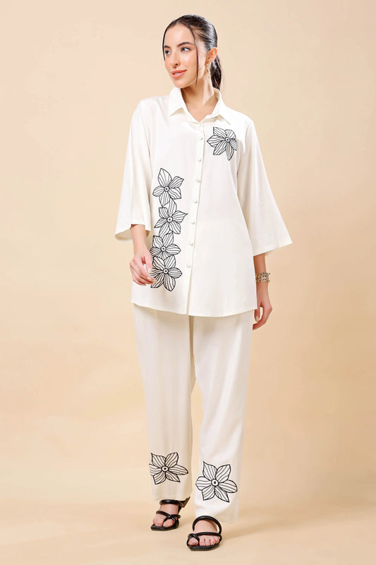 Front view of Rabric premium rayon white floral co-ord set for women