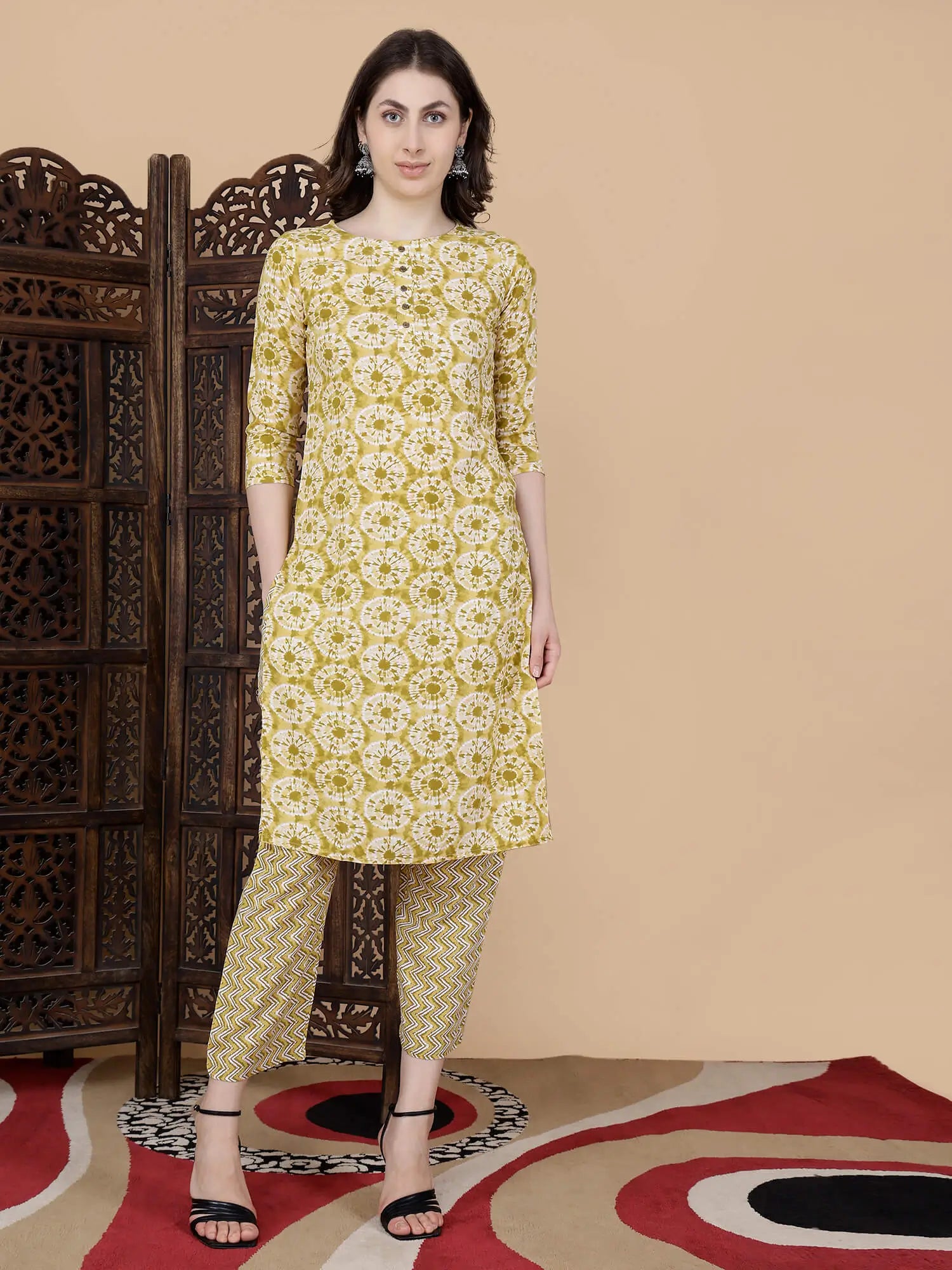 Rabric Premium Rayon Yellow Kurti and Pant Set for Women