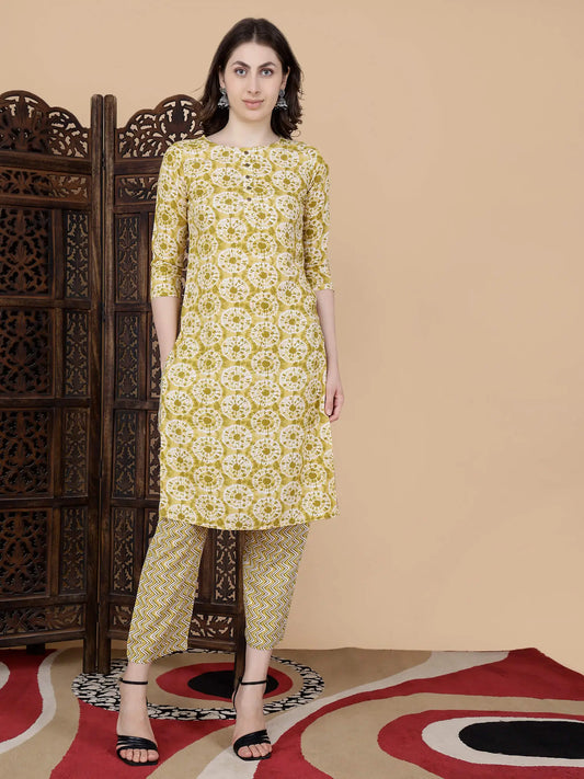 Rabric Premium Rayon Yellow Kurti and Pant Set for Women