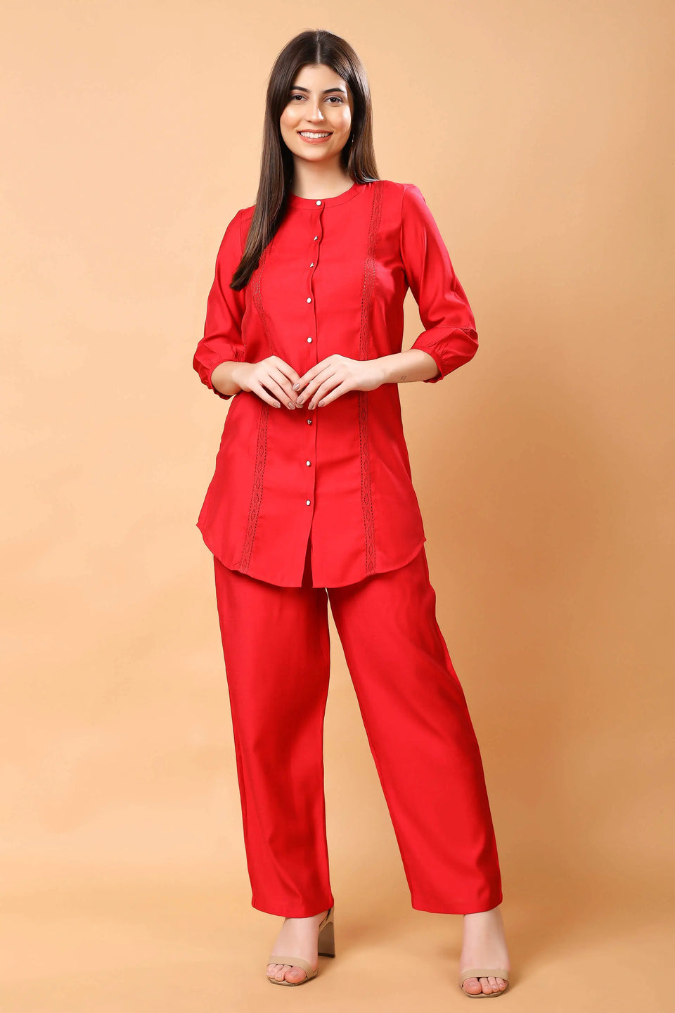 Premium red co-ord set for women by Rabric front view