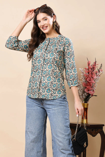 Rabric Floral Printed Short Top Styled with Jeans