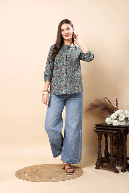 Rabric Premium Women’s Short Top in green paisley print – front view