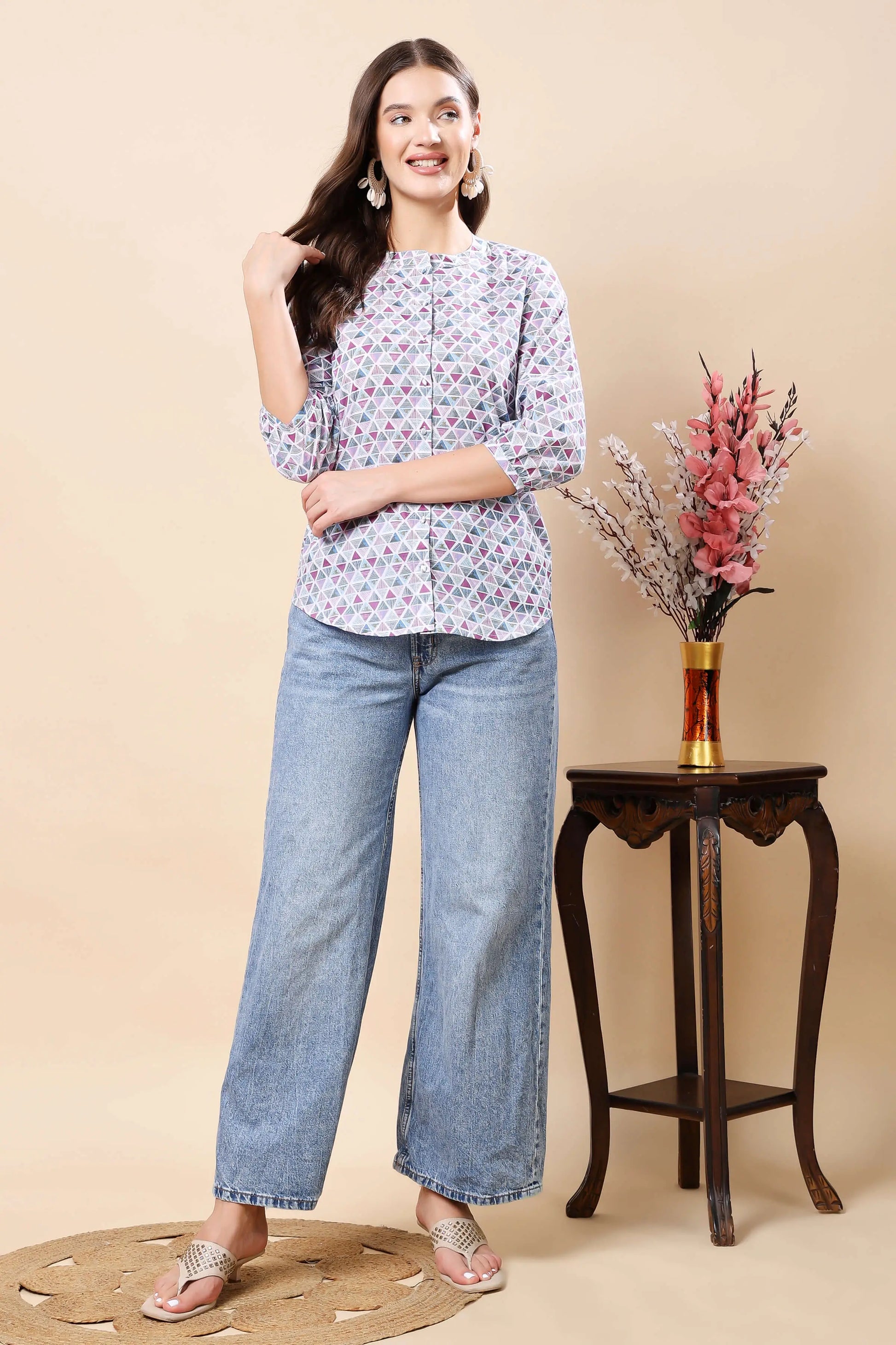 Premium cotton printed short top shirt for women – front view