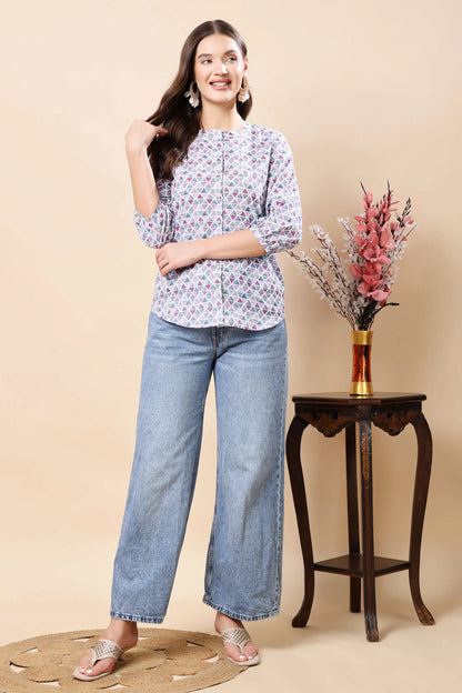 Premium cotton printed short top shirt for women – front view