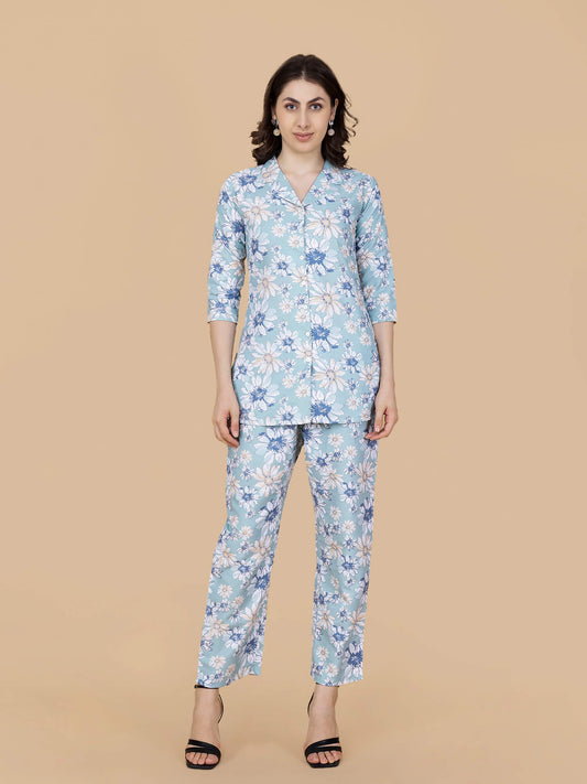 Premium Sky Blue Floral Printed Cotton Co-ord Set for Women by Rabric