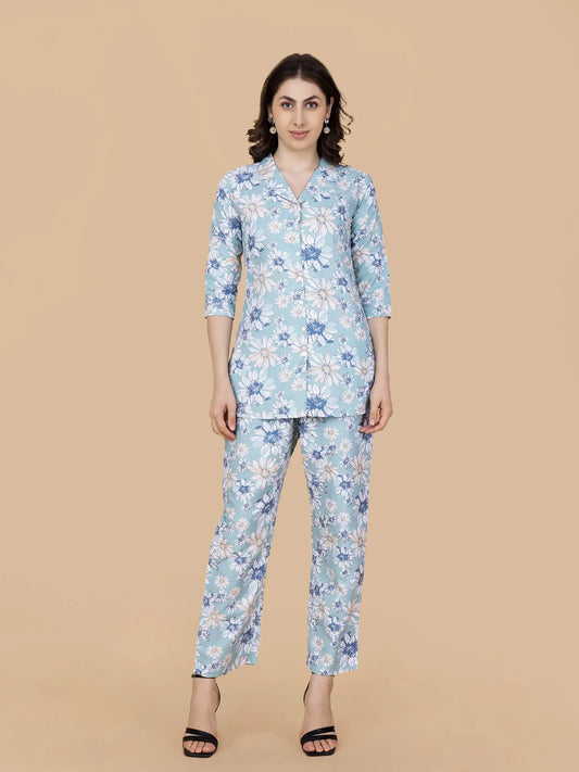 Premium Sky Blue Floral Printed Cotton Co-ord Set for Women by Rabric