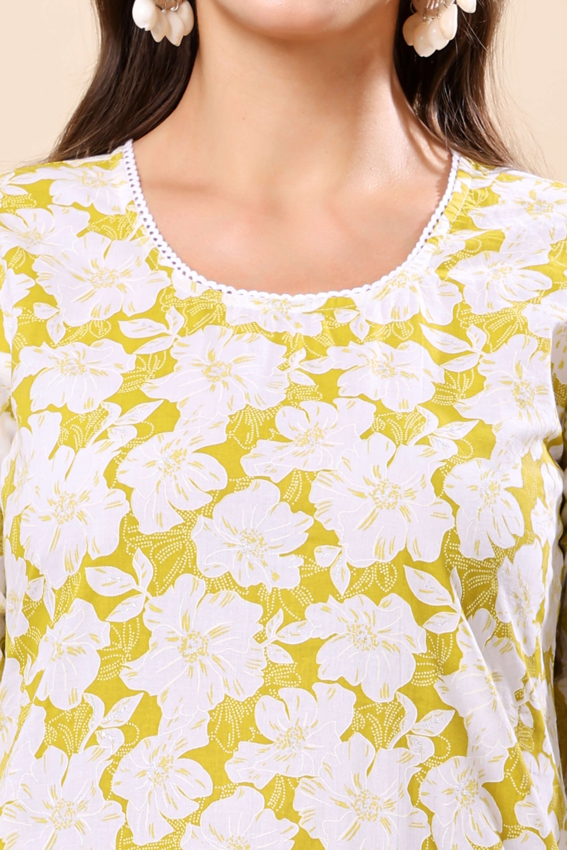 Closeup Fabric Texture of Rabric Yellow Floral Print Cotton Kurti