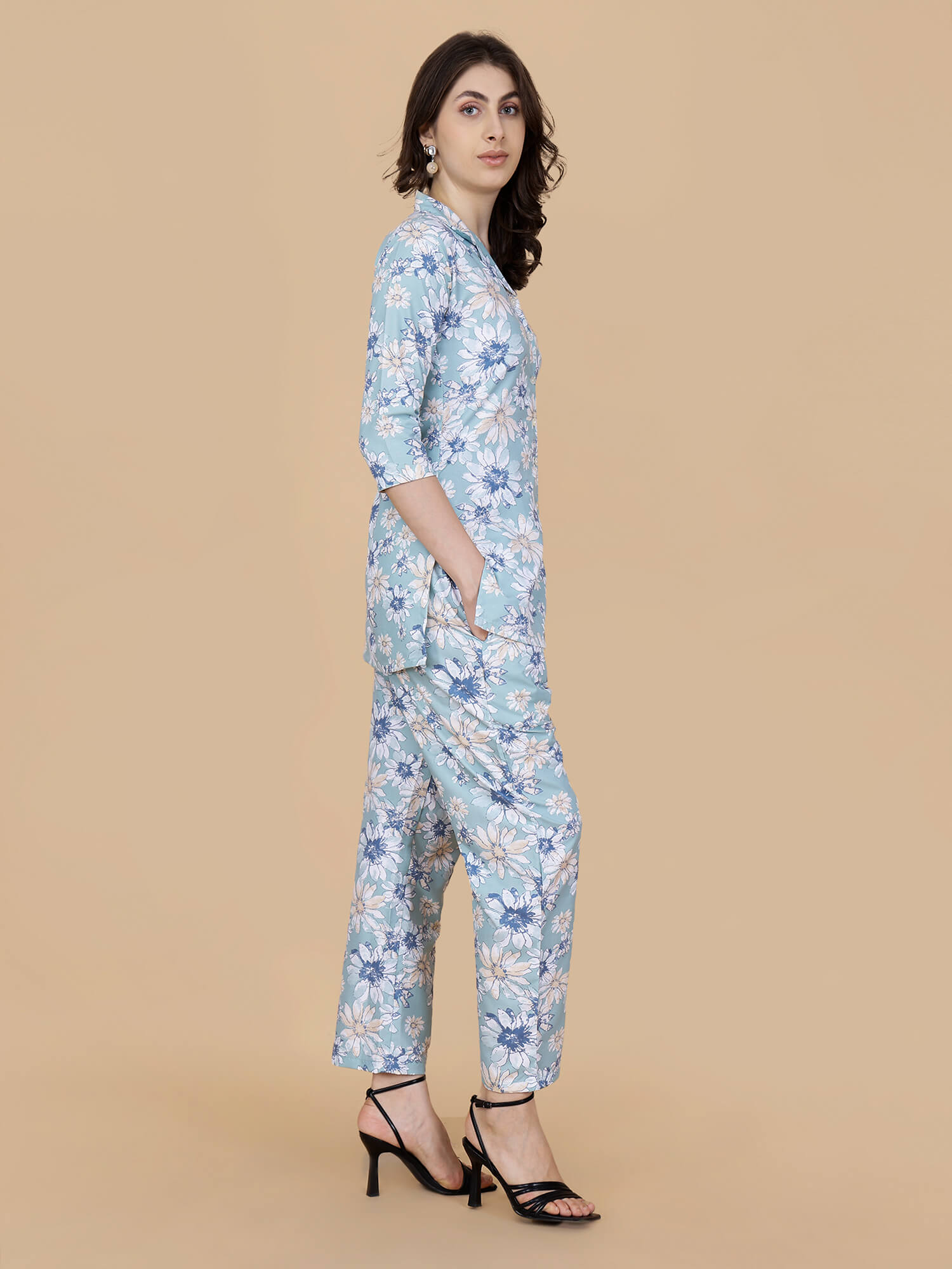 Premium Two-Piece Glace Cotton Set in Sky Blue Floral Print