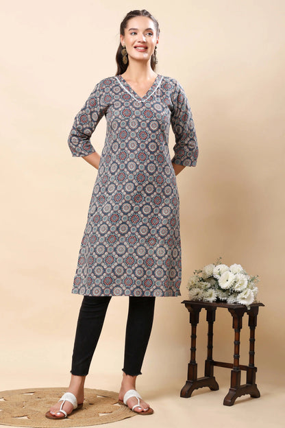 Front view of Rabric premium printed cotton long kurti for women