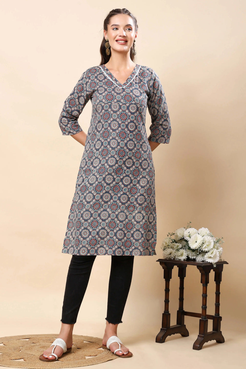 Front view of Rabric premium printed cotton long kurti for women