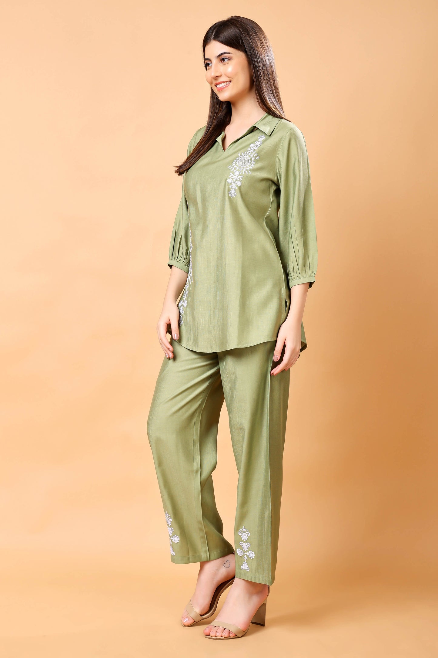 Premium Vertican Fabric Olive Green Co-ord Set Side Angle