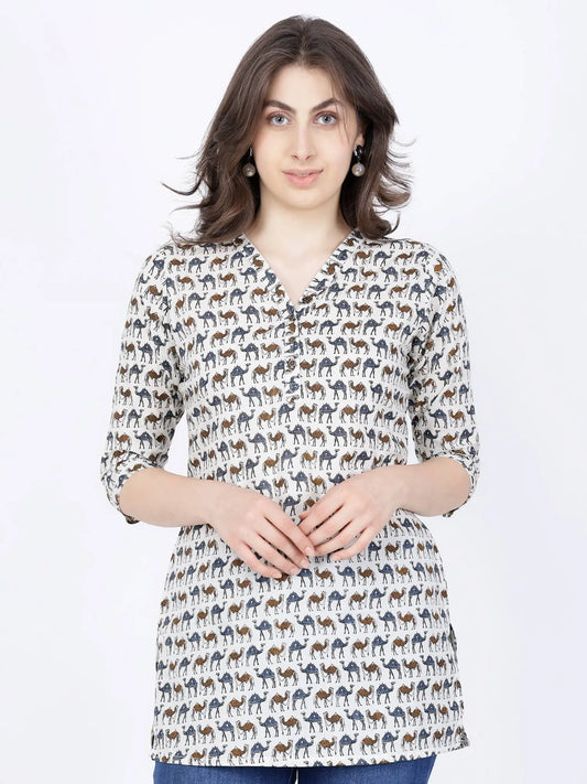 Premium white cotton short kurti with animal print by Rabric