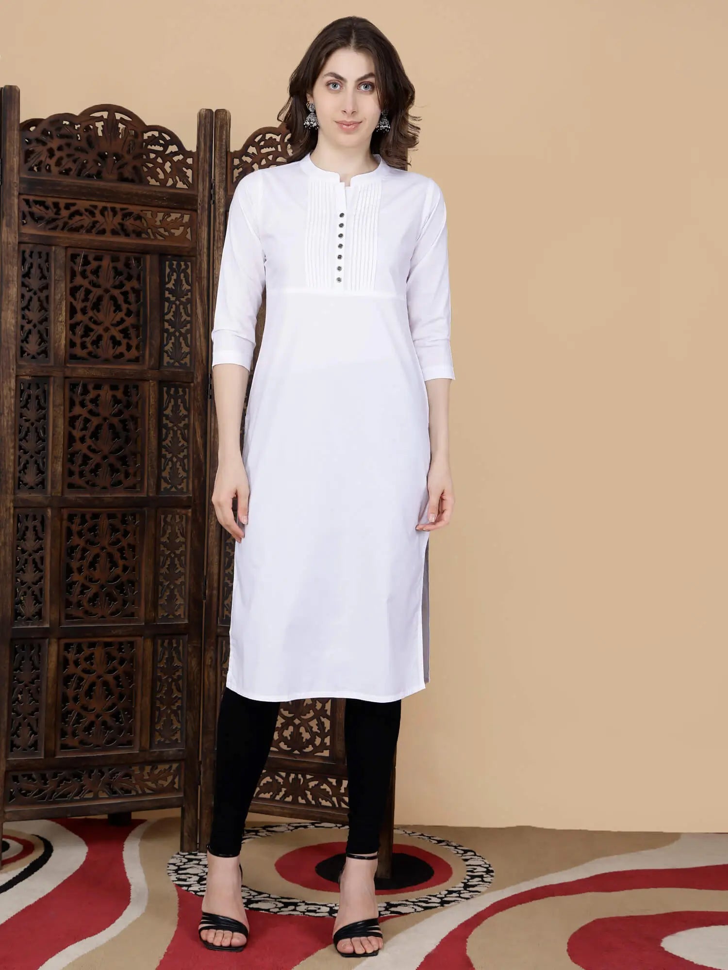 Rabric Premium White Cotton Long Kurti Front View