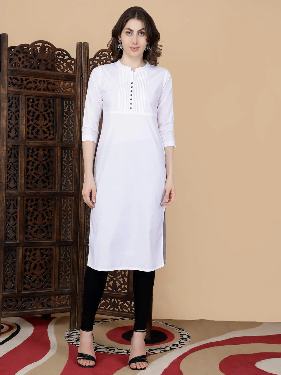 Rabric Premium White Cotton Long Kurti Front View