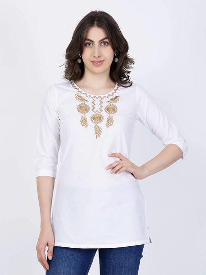 Rabric Premium White Cotton Short Kurti for Women Front View