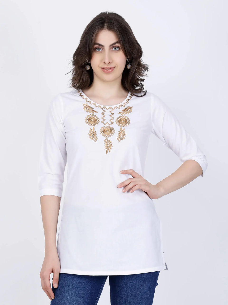 Rabric Premium White Cotton Short Kurti for Women Front View