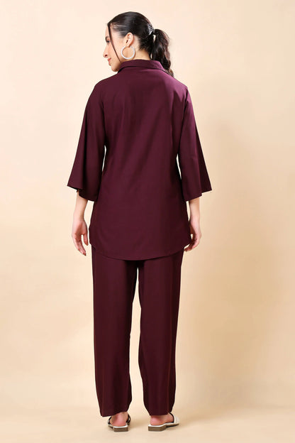 Back view of Rabric wine rayon co-ord set showing relaxed fit