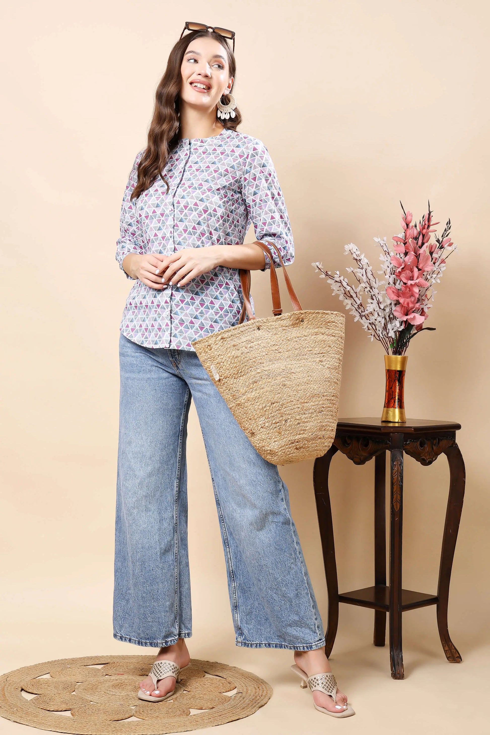 Trendy women’s geometric print cotton shirt top