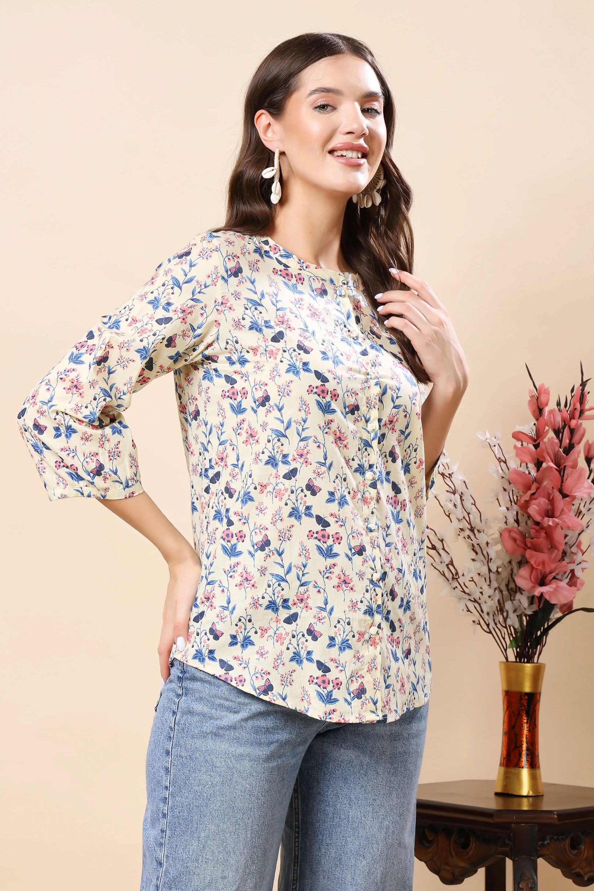 Rabric premium short floral top styled with denim jeans