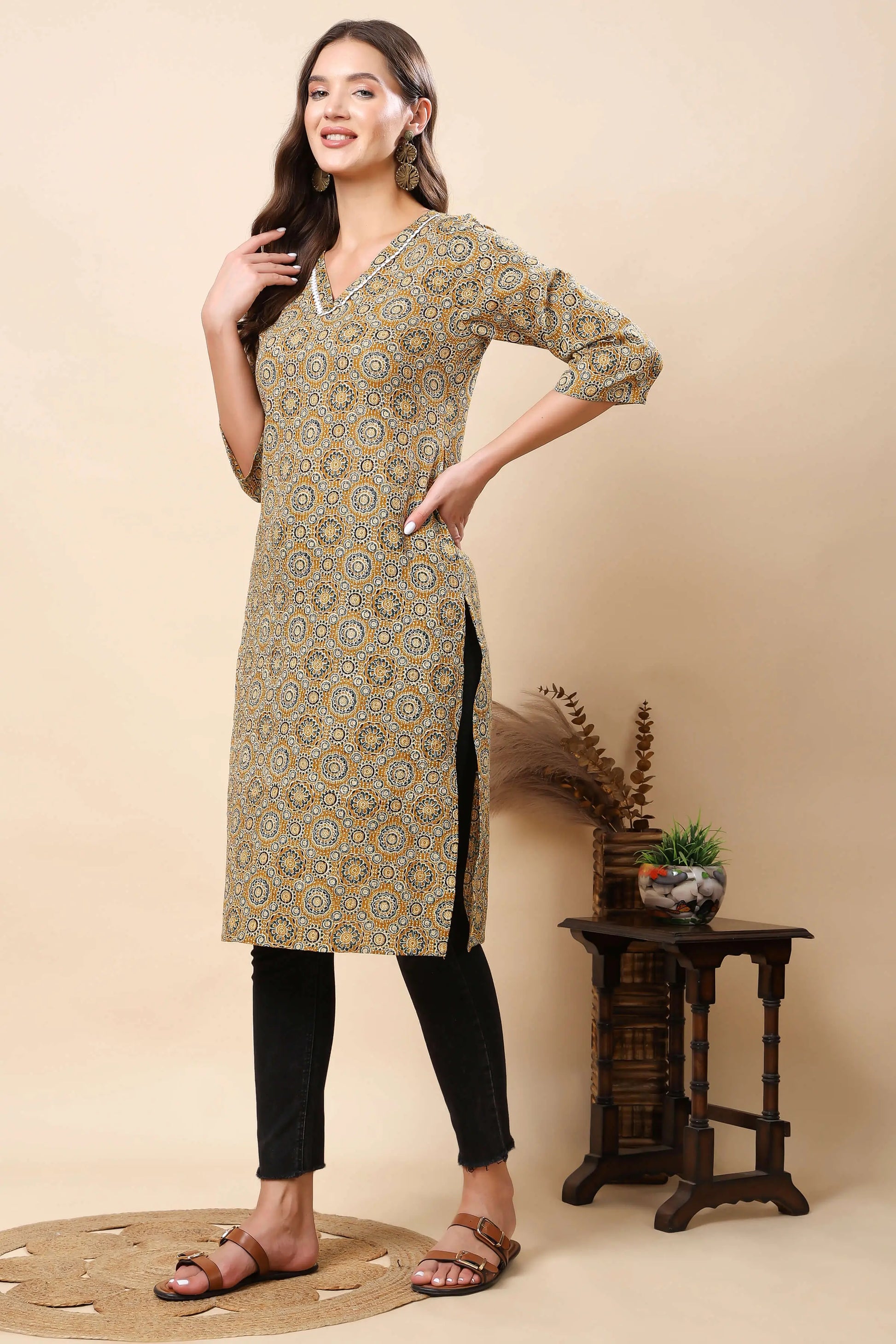 Side view of Rabric printed long kurta for women