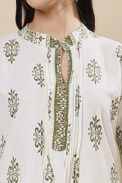 Printed cotton kurta pant set olive floral coord detail